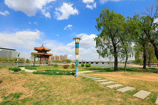 Pavilions and green trees in the park