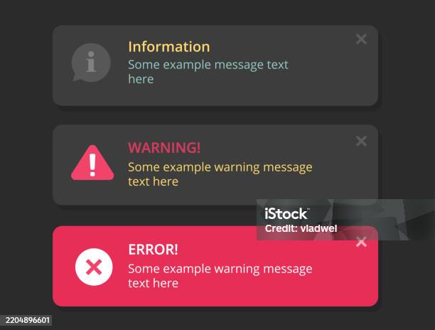 Notification Ui Windows Vector Set Dark Black Interface Push Error ...