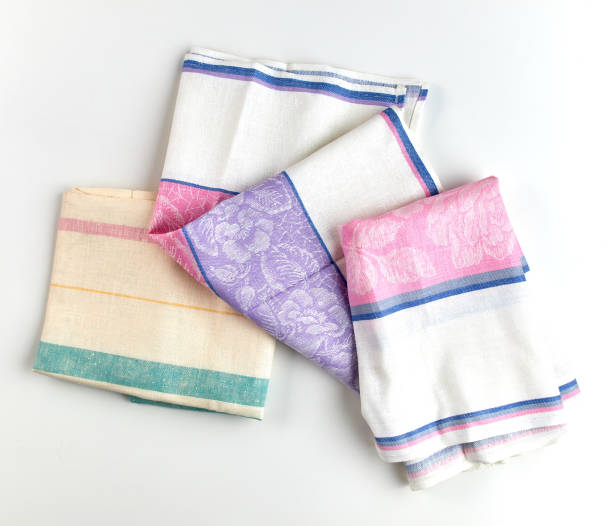 istock Napkins and towels on white background. Kitchen textiles, top view 2204896689