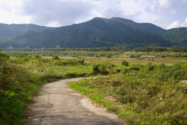 istock Scenic Pathway Along Seomjin River Surrounded by Mountains 2204899349