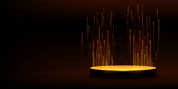 istock Luxury black podium with rising golden light beams 2204900809