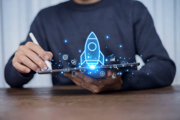istock Business startup plan concept, Start plan and strategy step the growing, Businessman is launch a rocket flying to sky, digital marketing, network connection, start up 2204902036