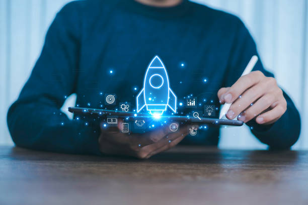 istock Business startup plan concept, Start plan and strategy step the growing, Businessman is launch a rocket flying to sky, digital marketing, network connection, start up 2204902095