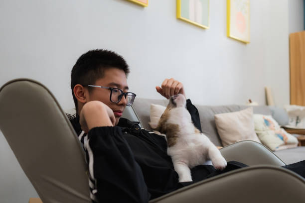 istock Little boy and puppy playing and interacting on the sofa 2204903953