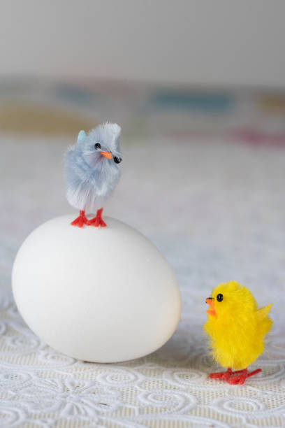Easter still life featuring a white egg with a tiny blue chick perched on top and a yellow chick appearing to call out beside it.