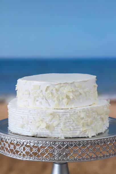 Stock photo shows a beautiful two-tier wedding cake, adorned with elegant white piped icing, sits gracefully on a silver cake stand. The cake is set against a vibrant blue sky, enhancing its pristine and sophisticated look. This image is perfect for wedding themes