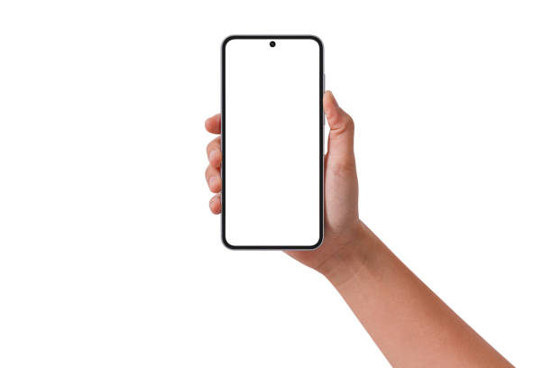 istock Hand holding smartphone with blank screen isolated on white background. 2204912800