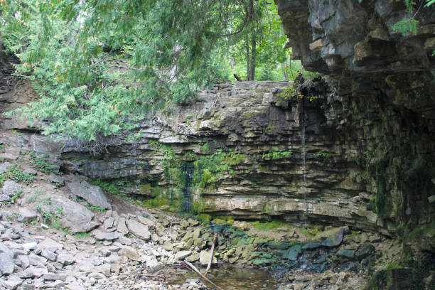 istock Hilton Falls cliff face showing layered limestone rock formation with small trickling waterfalls and moss-covered surfaces 2204917000