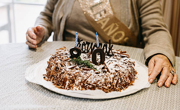 istock 80th birthday cake with chocolate decorations and candles 2204925238