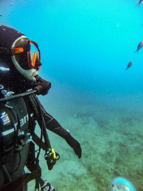 istock Underwater Selfie of a Black Scuba Diver Surrounded by Bubbles and Fish 2204925312