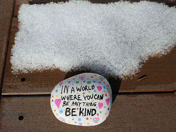 istock Kindness rock with be kind message and and snow covering on step 2204927876