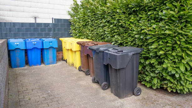 istock Garbage wheelie bins of different colors - blue, yellow, brown, black, intended for garbage sorting, stand on the street in Germany. The concept of proper waste separation and ecology. 2204931836