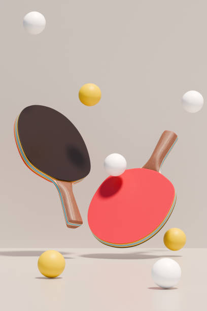 Two ping pong paddles and balls in motion, showcasing fun and activity. 3d rendering