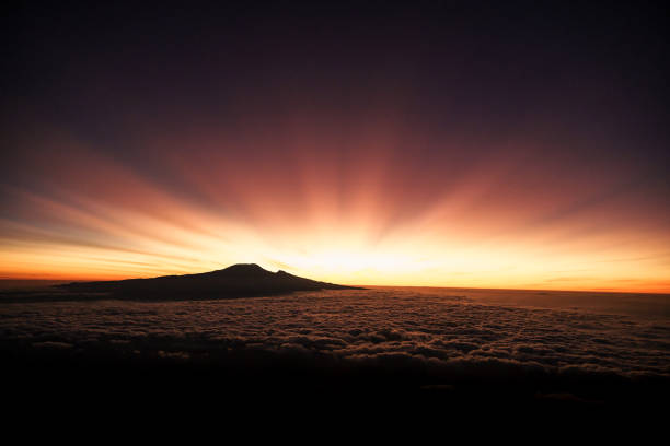 Sun rays lighting kilimanjaro peak over a sea of clouds, seen from mount meru summit at sunrise, tanzania, africa