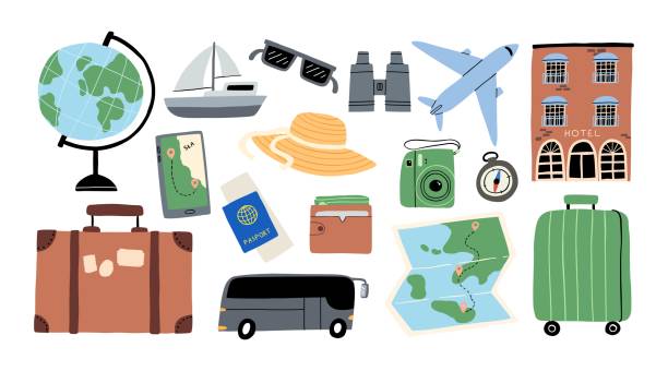 istock colorful collection of travel-related illustrations, including a globe, airplane, suitcase, passport, and hotel, symbolizing adventure and exploration 2204949142