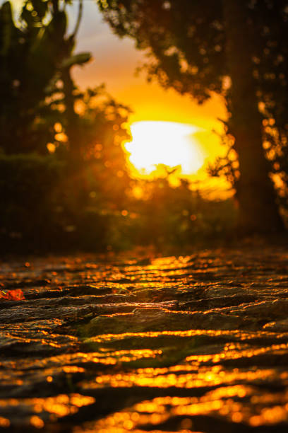 Landscape of a sunset seen from below on a stone road