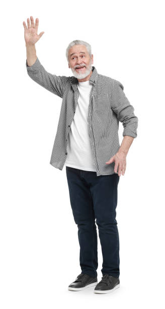 istock Senior man waving hand on white background 2204966756