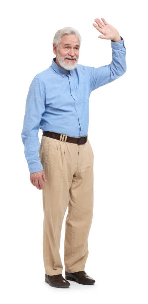 istock Senior man waving hand on white background 2204966778