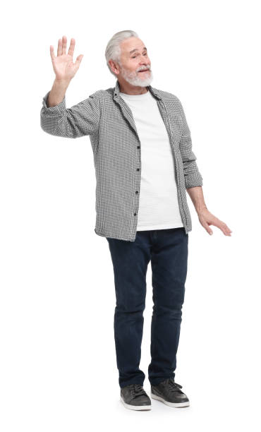 istock Senior man waving hand on white background 2204966804
