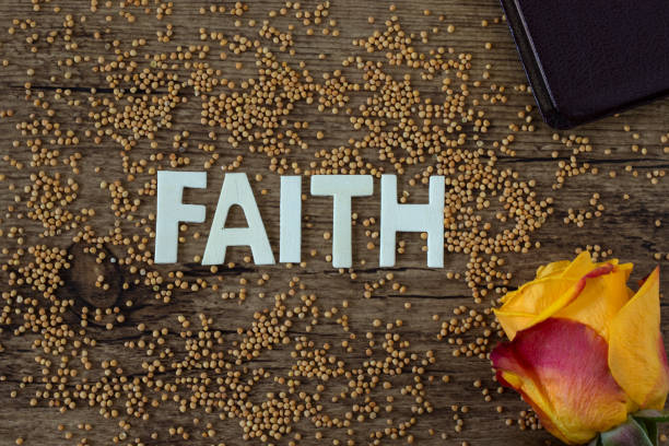 Faith wooden text with mustard seeds. Top view. Christian growth, trust in God Jesus Christ, biblical concept.
