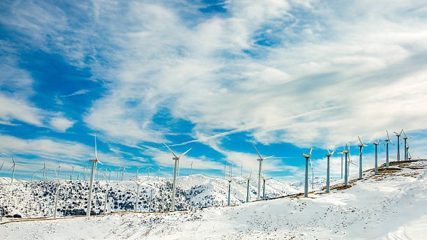 This photo captures the beauty of windmills in a winter landscape with overcast clouds. The snow-covered ground provides a stark contrast to the gray sky, while the windmills stand tall and still against the elements.
