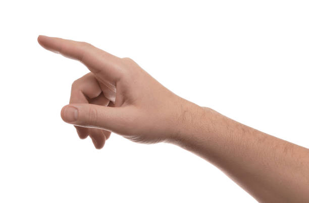 istock Man pointing at something on white background, closeup 2204973420