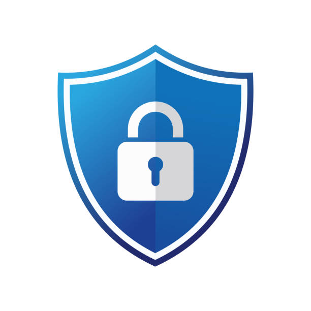 Illustration blue shield lock symbolizing security, protection, reliability digital physical contexts.