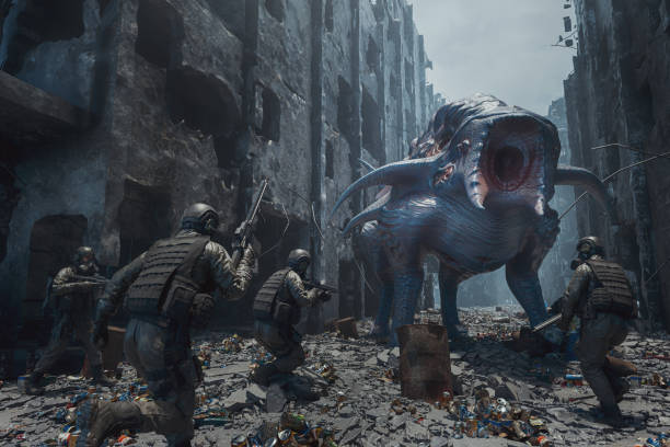 Soldiers fighting alien monster in destroyed city. 3D generated image.