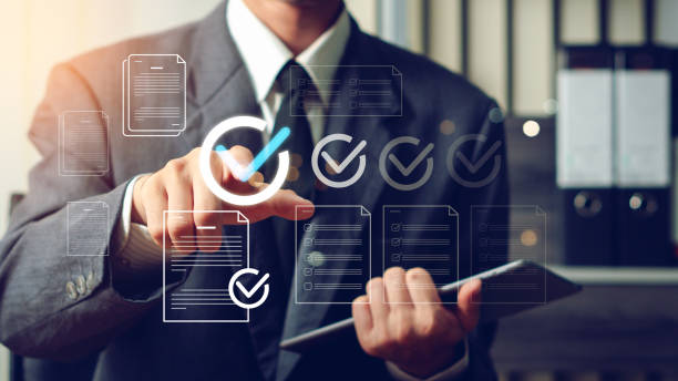 istock Man finger touch check mark, digital documents and files hologram. Copy space, business process approval documents, quality, confirmation, check, validation, approval, checkbox 2204980511