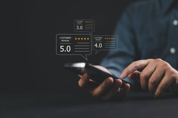 istock User give rating to service excellent experience on mobile phone application, Client evaluate quality of service reputation ranking of business. Customer 2204984984