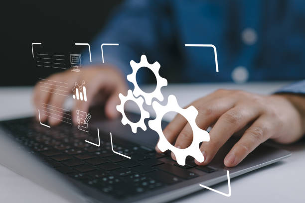 istock Person working on computer laptop. automation, industrial business process workflow optimisation concept on virtual digital screen. Automation Software Technology Process System Business concept. 2204984988