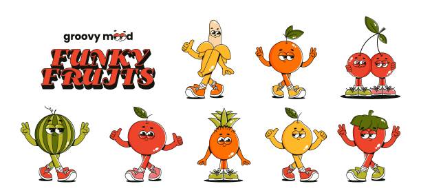 Summer fruits. Retro groovy sticker and patch. Comic characters strawberry, lemon, banana, apple, pineapple, orange, cherry, watermelon. Vector illustration