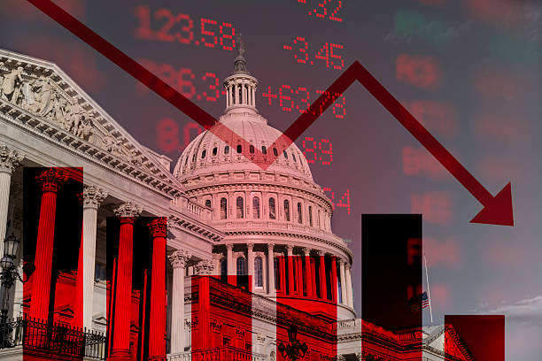 Concept exploring the downturn of the stock market and economy against the backdrop of the United States Capitol