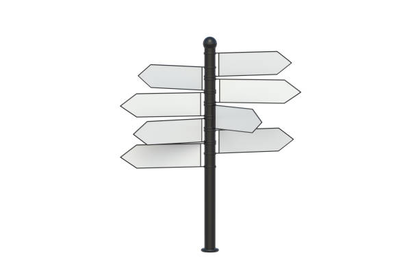 Single signpost isolated on white background. Crossroad sign board with empty plaques. Choice of direction. Street navigation. 3d render