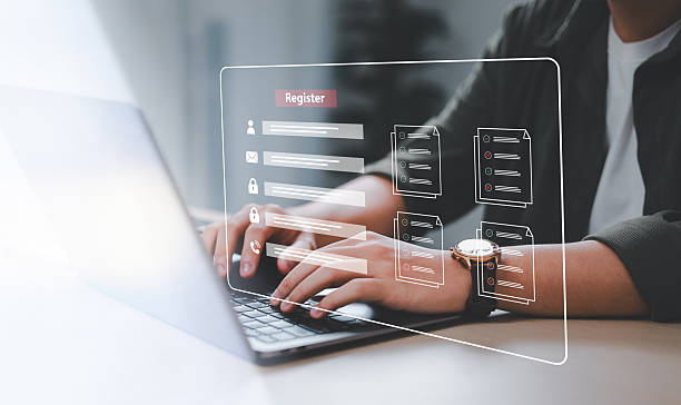 istock Complete an online survey Register with an online registration form Register a new user Complete an application form with personal information to create an account on the website. 2204991372