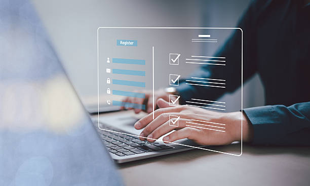 istock Complete an online survey Register with an online registration form Register a new user Complete an application form with personal information to create an account on the website. 2204991396