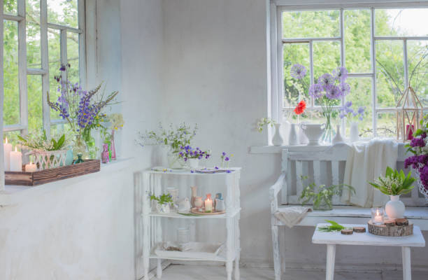 istock white vintage interior with flowers 2204992212