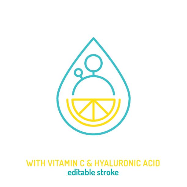 With vitamin C and hyaluronic acid line icon. Editable stroke. With vitamin C and hyaluronic acid line icon. Important beauty ingredient pictogram, minimalist sign. Editable stroke. Medical symbol in outline style. Vector illustration isolated on a white background vitamin c chemical formula stock illustrations