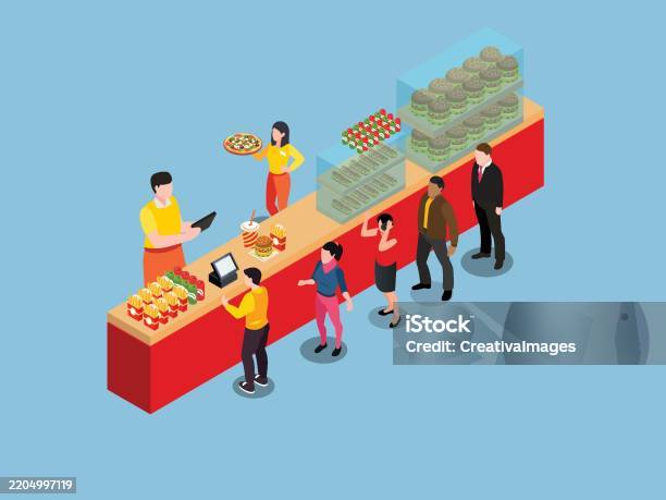 Restaurant Counter Queue Fast Food Restaurant Queue And Service Counter 3d Flat Vector ...