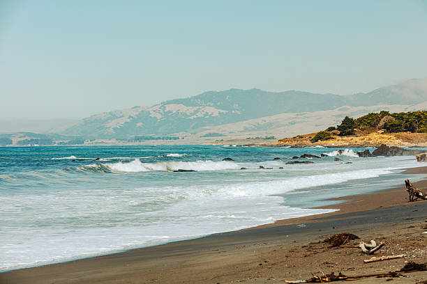 Beneath a moody, overcast sky, the rugged shoreline of Moonstone Beach is cloaked in dramatic tones of gray and deep blue. Waves break gently against jagged rocks scattered along the coast, while in the distance, a solitary lighthouse stands as a silent guardian on the point. The golden cliffs catch a brief kiss of light, offering a stark contrast to the darkened sea. This hauntingly beautiful moment captures the raw, untamed essence of California’s Central Coast—where land, sea, and sky meet in quiet tension.