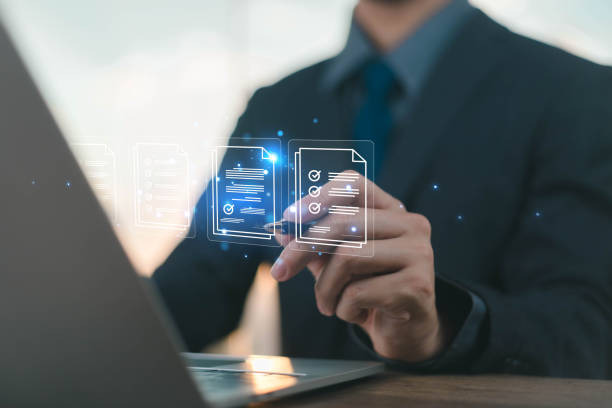 istock Digital Signature technology office. Businessman using pen to sign document, Show digital document virtual in of front a laptop,Online business E-signing on network connection, digital document management 2205003673