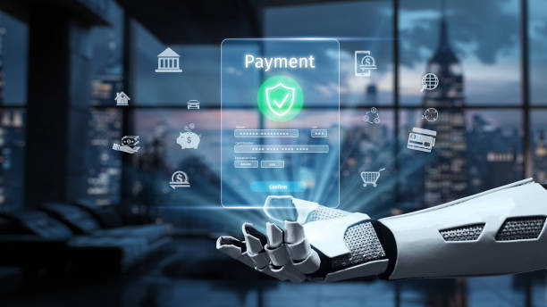 istock Futuristic robot hand displaying secure digital payment technology against a sleek urban background with glowing icons and modern architecture. Auvana 2205004800