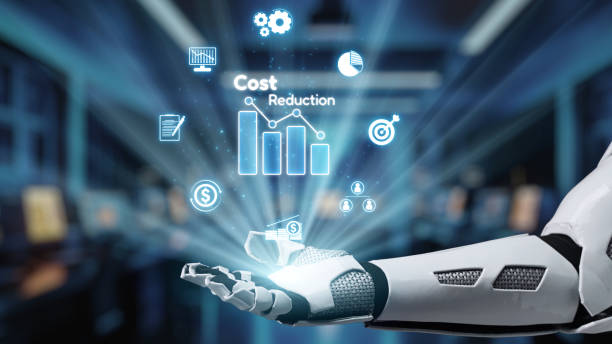 istock Futuristic robotic hand showcasing digital icons representing cost reduction, business growth, and data analytics in a modern virtual workspace environment. Auvana 2205004930