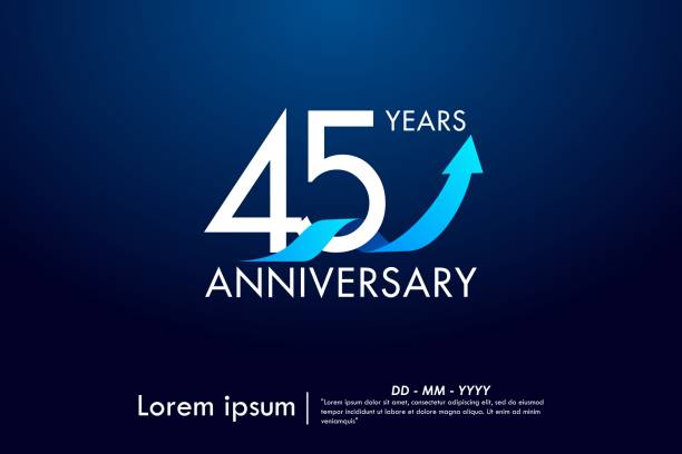 45th years anniversary celebration emblem. anniversary logo isolated with arrow growth up and blue ribbon on dark blue background. vector illustration template design for web, flyers, poster, greeting card
