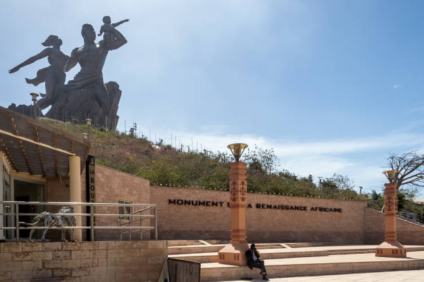 Dakar, Senegal – View of the African Renaissance Monument, a 52-meter (171 ft) tall bronze statue atop one of the twin hills, Collines des Mamelles, just outside Dakar.