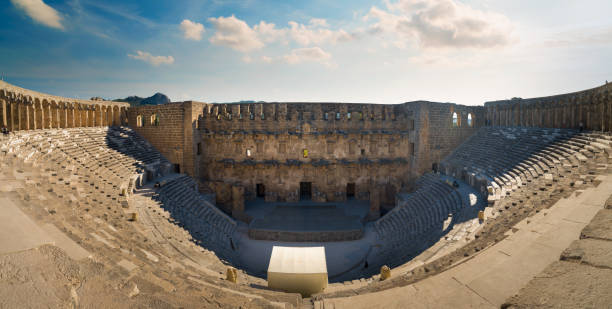 Panoramic view of the Roman Theatre in the ancient city of Aspendos. Antalya city, Turkey country
