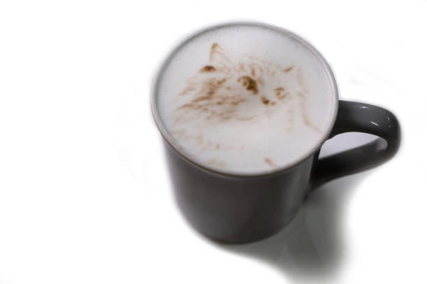 Hot coffee latte with a cat face design on top in a grey coffee cup , isolated on white background with clipping path