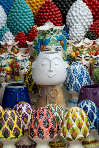 Shop selling painted and colorful objets in the town of Palmero in Sicily, Italy.