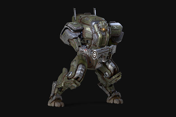 istock 3d render of sci-fi mech soldier stands in an attack pose holding an assault rifle with both hands. Concept of big military robot warrior in heavy green, gray scratched metal armor on dark background. 2205019769