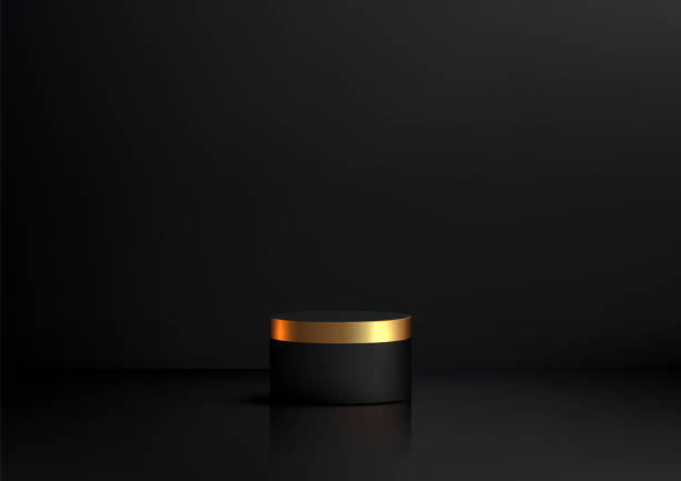 istock minimalist black gold cylindrical pedestal luxury product display on reflective surface 2205024677